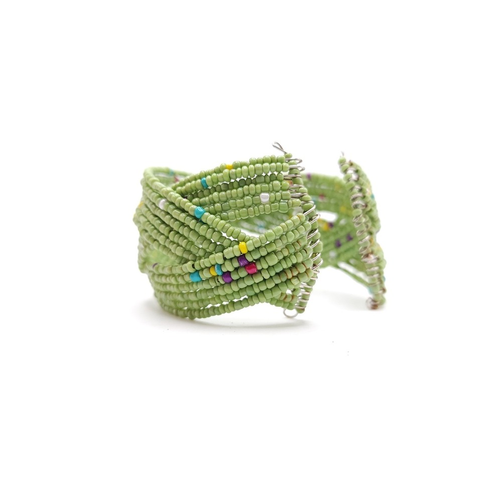 Green Seed Bead Coil Bracelet‎ Boho Multi Strand Cuff - Picture 5 of 5
